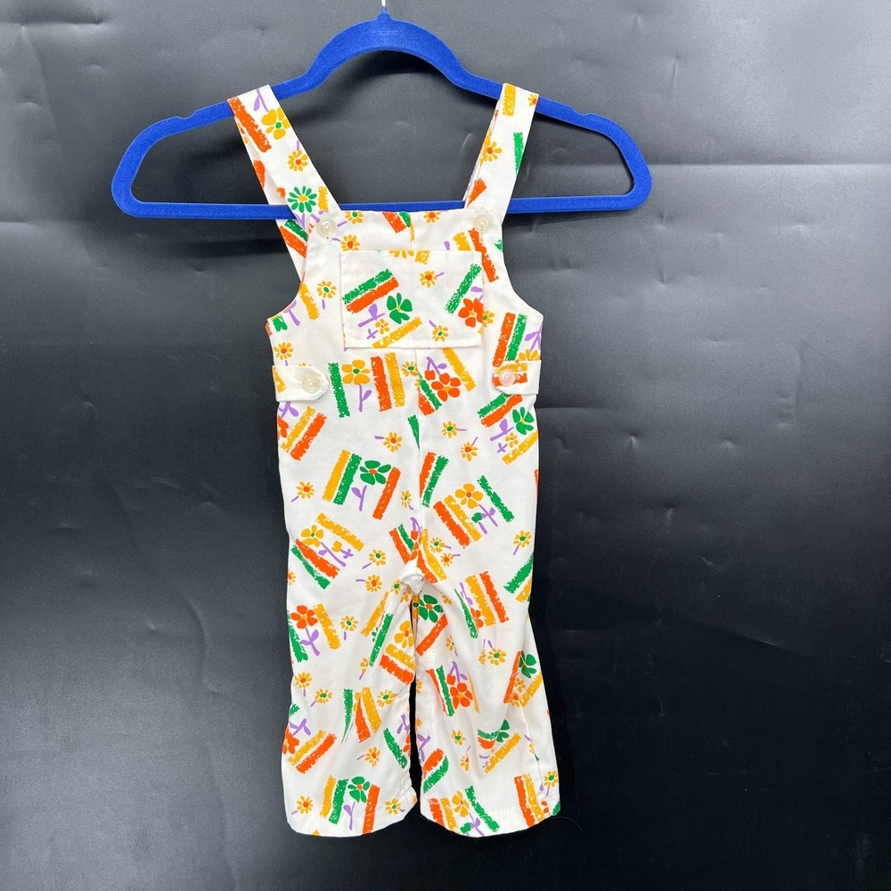 Vintage 70s Tiny Tots infant overalls jumpsuit block print floral 9 12‎ READ